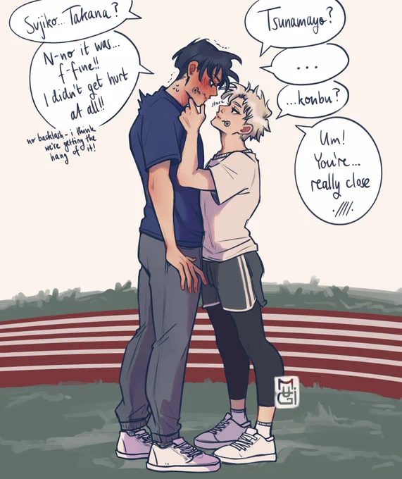An illustration of first year Yuuta Okkotsu and Toge Inumaki in training attire, standing on their school's running track after training Yuuta's cursed speech. The taller Yuuta looks flustered as Toge gently pulls Yuuta's face closer to examine the slightly smeared copy of snake eyes marks on his cheeks. While Toge is concentrated on assessing any damage, Yuuta nervously insists he’s fine, blushing profusely, clearly distracted by how close Toge is leaning in.