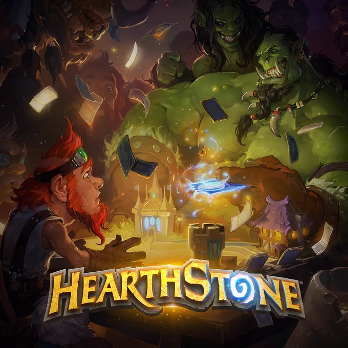 A gnome stares, mesmerized, as cards float between him & orcs playing \"Hearthstone\", its logo glowing at the bottom. A miniature town sits on the table with them, as figures loom from the background.