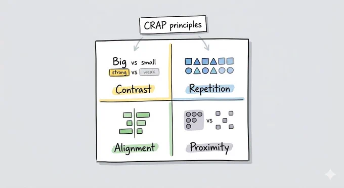 Four design principles—Contrast, Repetition, Alignment, Proximity—are illustrated with examples and comparisons, promoting effective design.