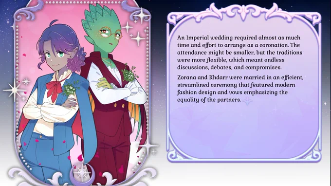 Screenshot of two women standing together. One has gray skin, pointed ears, and purple hair. One has green scales and wears glasses. Both are dressed in jackets. Sidebar text: "Zorana and Khdarr were married in an efficient, streamlined ceremony that featured modern fashion design and vows emphasizing the equality of the partners."