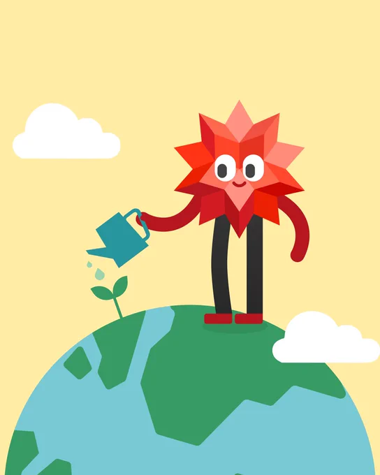 Illustration of Wolfram|Alpha logo Spikey, standing on Earth and watering a plant. 
