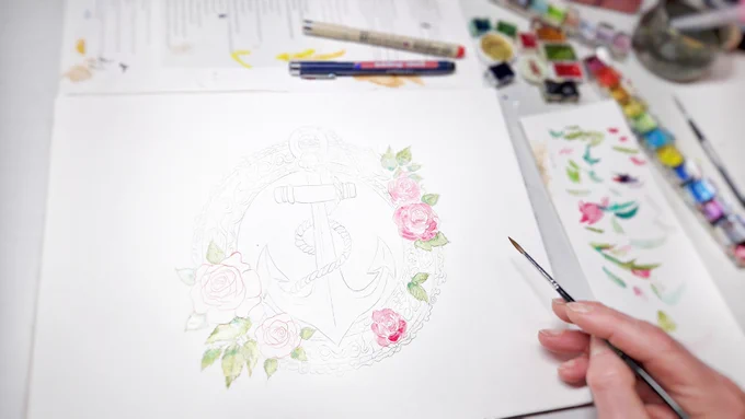 Angefangene Malerei Anker mit Rosen im  tattoostil