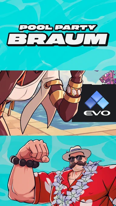 2XKO competitors at Evo 2026 can win Pool Party Senna, Jinx, and Braum skins. Pool Party Braum poses for a photo, flexing his right bicep. He wears a sun hat, dark sunglasses, and a floral-patterned red shirt. The Evo logo appears to the right of the image.