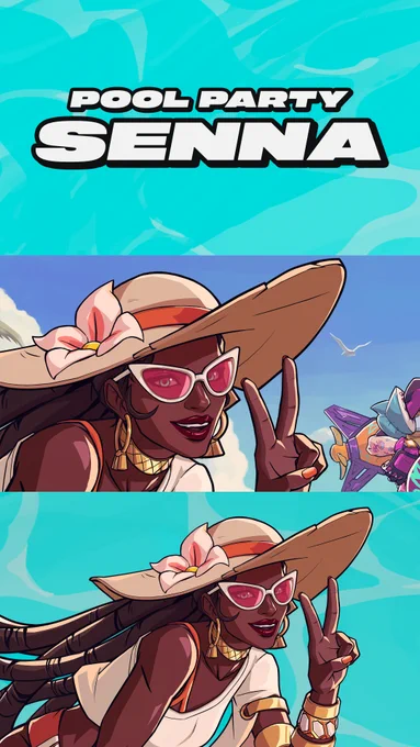 2XKO competitors at Evo 2026 can win Pool Party Senna, Jinx, and Braum skins. Pool Party Senna makes a peace sign with her left hand, smiling at the viewer. She wears a straw sun hat and pink sunglasses.