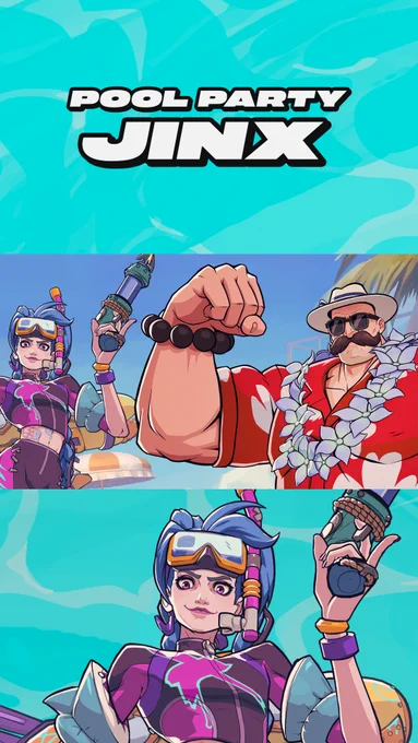 2XKO competitors at Evo 2026 can win Pool Party Senna, Jinx, and Braum skins. Pool Party Jinx and Braum pose for a photo. Jinx appears again in the bottom half of the image. She wears a snorkeling mask, arm floaties, and a wetsuit.