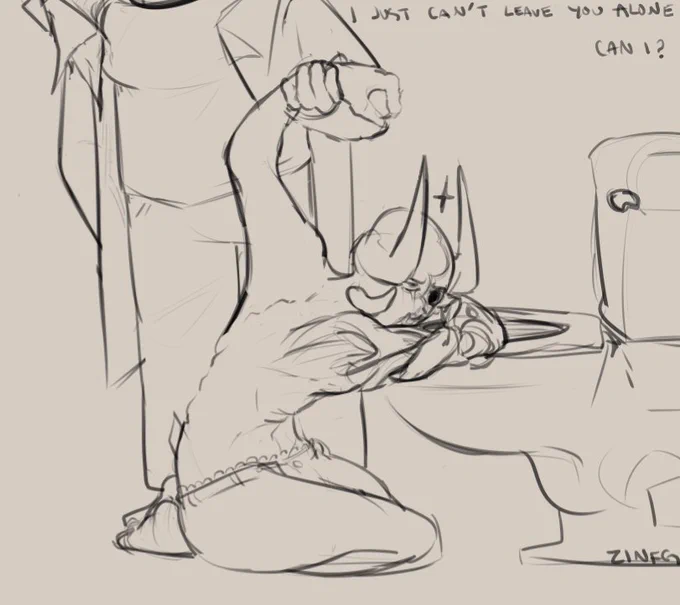 A nauseated Subspace sits hunched over a toilet as Hyperlaser tries to pry him away from it. Hyperlaser says, "I can't just leave you alone, can I?"