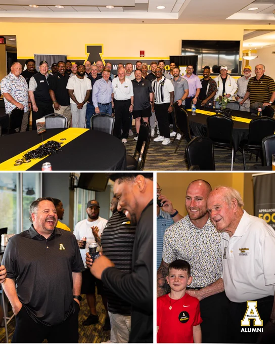 Large group of App State Football alumni gathered for a group photo during the Football Alumni Network Spring Weekend event. App State Football alumni laugh and catch up during the Football Alumni Network hAPPy Hour. Former App State Football coach and a young fan pose for a photo together during the Football Alumni Network event.