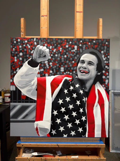 Borbay's Jack Hughes painting in progress.