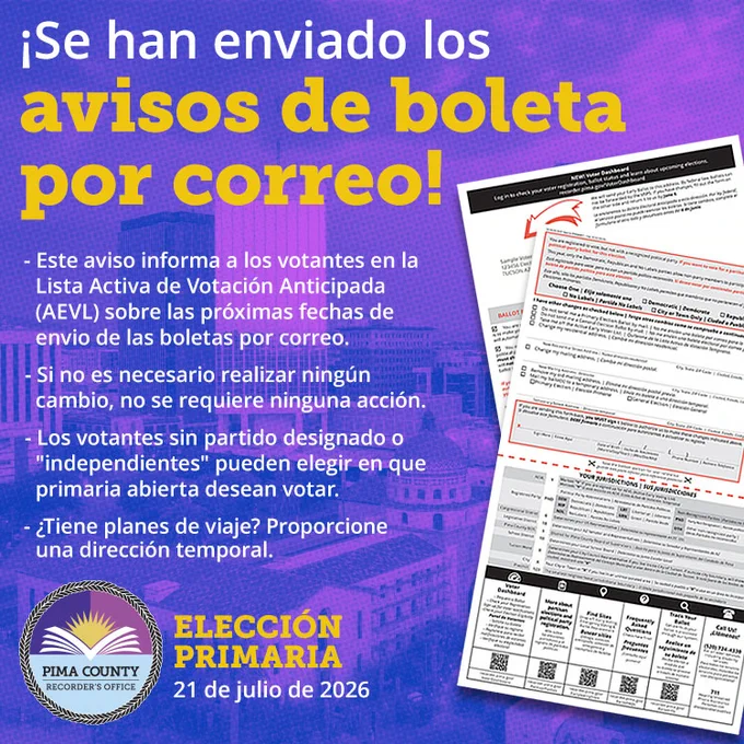 ¡Se han enviado los avisos de boleta por correo! Este aviso informa a los votantes en la Lista Activa de Votación Anticipada (AEVL) sobre las próximas fechas de envio de las boletas por correo. Si no es necesario realizar ningún cambio, no se requiere ninguna acción. Los votantes sin partido designado o "independientes" pueden elegir en que primaria abierta desean votar. ¿Tiene planes de viaje? Proporcione  una dirección temporal. Elección Primaria: 21 de julio de 2026. La oficina del registrador del condado de pima.