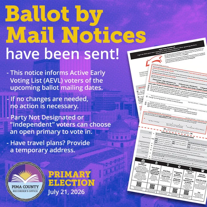 Ballot by Mail Notices have been sent out! This notice informs Active Early Voting List (AEVL) voters of the upcoming ballot mailing dates. If no changes are needed, no action is necessary. Party Not Designated or “Independent” voters can choose an open primary to vote in. Have travel plans? Provide a temporary address. Primary Election: July 21, 2026. Pima County Recorder's Office.