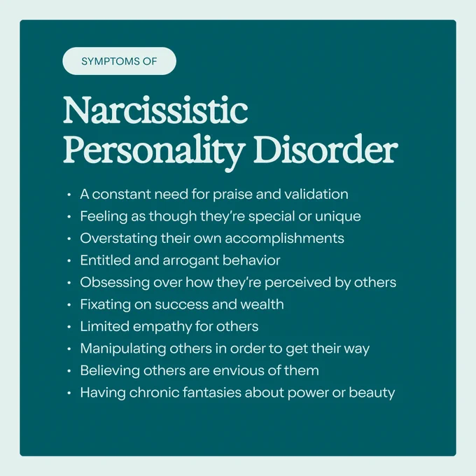 Symptoms of Narcissistic Personality Disorder listed in white text on a teal background include a need for praise, feeling special, overstating accomplishments, entitlement, obsession with perception, focus on success, limited empathy, manipulation, envy, and chronic fantasies of power or beauty.