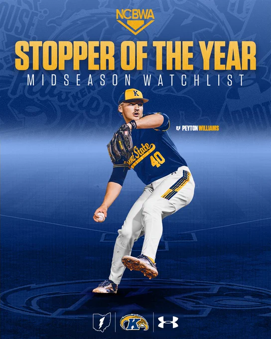 Kent State pitcher Peyton Williams (#40) is shown mid-windup on a navy and gold graphic announcing his placement on the NCBWA Stopper of the Year Midseason Watchlist. Williams is wearing Kent State's navy alternate uniform with gold lettering and is captured in a dynamic pitching pose, ball in hand, against a blue background featuring subtle Kent State logo watermarks.