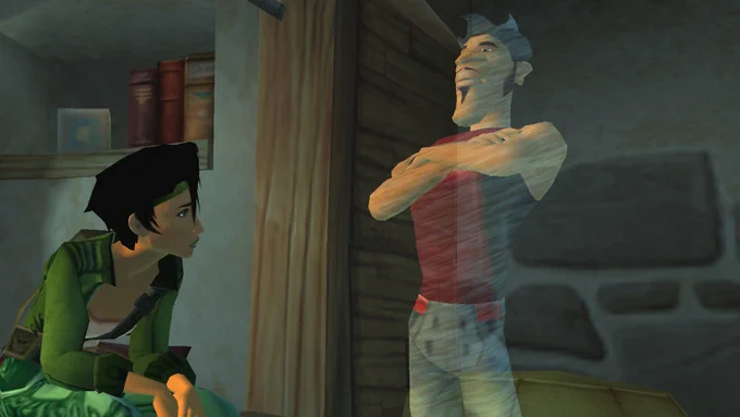 screenshot from the 2000s-era game Beyond Good and Evil. Two characters in a slightly cartoony style: Jade, dressed in green, with short hair, looks at Secundo, a muscular hologram in a tank top with a thin mustache and soul patch 