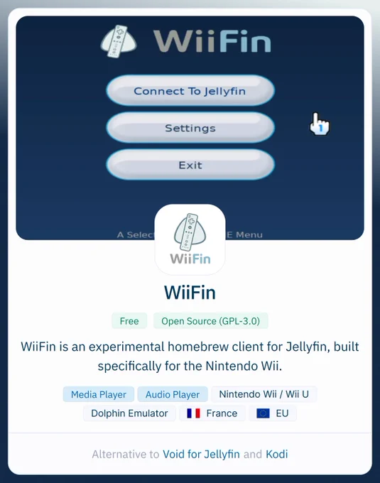 WiiFin interface for connecting to Jellyfin, featuring options for settings and exit, designed for Nintendo Wii and Wiimote controls.