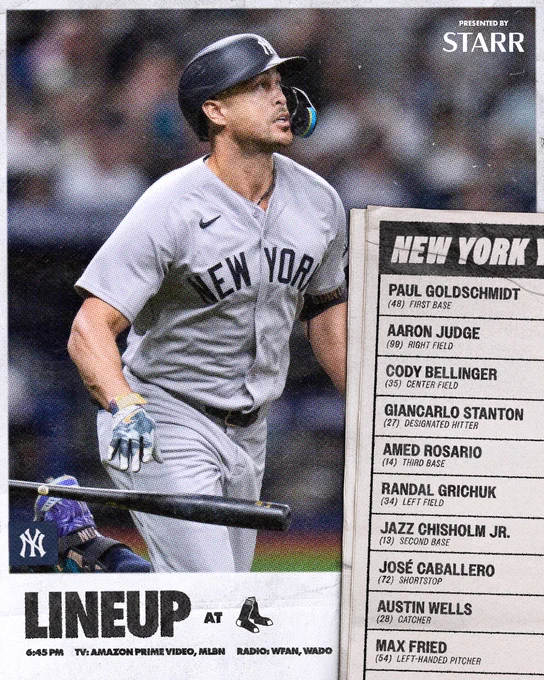 Yankees at Boston Lineup:

Paul Goldschmidt | 1B | 48
Aaron Judge | RF | 99
Cody Bellinger | CF | 35
Giancarlo Stanton | DH | 27
Amed Rosario | 3B | 14
Randal Grichuk | LF | 34
Jazz Chisholm Jr. | 2B | 13
José Caballero | SS | 72
Austin Wells | C | 28
Max Fried | LHP | 54

Time: 6:45 PM ET
TV: Amazon Prime Video, MLBN
Radio: WFAN 660 AM/101.9 FM, WADO 1280

Presented by Starr Insurance Companies

Photo of Giancarlo Stanton