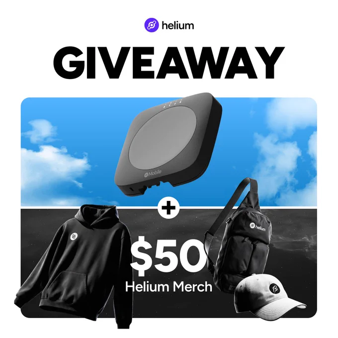 Helium logo. 
GIVEAWAY. Helium Indoor Hotspot plus black Helium sweatshirt, $50 toward Helium Merch, black Helium sling bag, white Helium baseball hat.