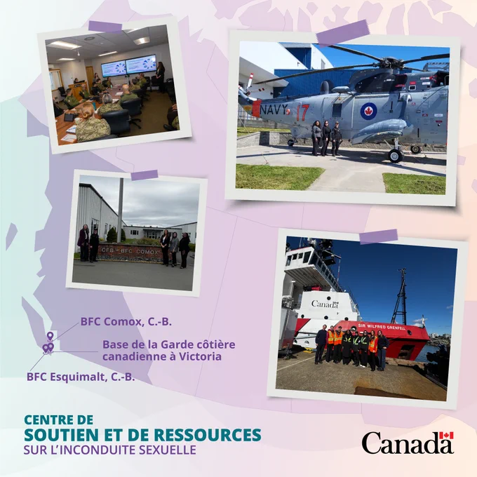 Collage d’activités de rayonnement du Centre de soutien et de ressources sur l’inconduite sexuelle, présentant des rencontres avec des membres des Forces armées canadiennes, des visites à la BFC Comox et à la BFC Esquimalt, ainsi que des échanges avec la Garde côtière canadienne à Victoria, incluant un hélicoptère et un navire de la Garde côtière.