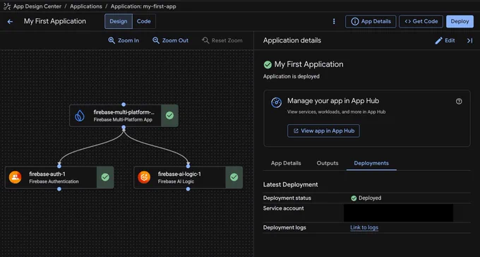 The App Design Center interface displays the "My First Application" design featuring a canvas with a node-based diagram on the left and an application details panel on the right. The diagram shows a top node connected to two lower nodes labeled "firebase-auth-1" and "firebase-ai-logic-1," all marked with green checkmarks indicating successful status. The side panel confirms "Application is deployed" and shows the latest deployment status as "Deployed" with a link to logs.