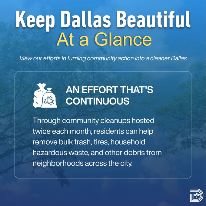 Community cleanups in Dallas occur twice monthly to remove bulk trash, tires, hazardous waste, and debris from neighborhoods.