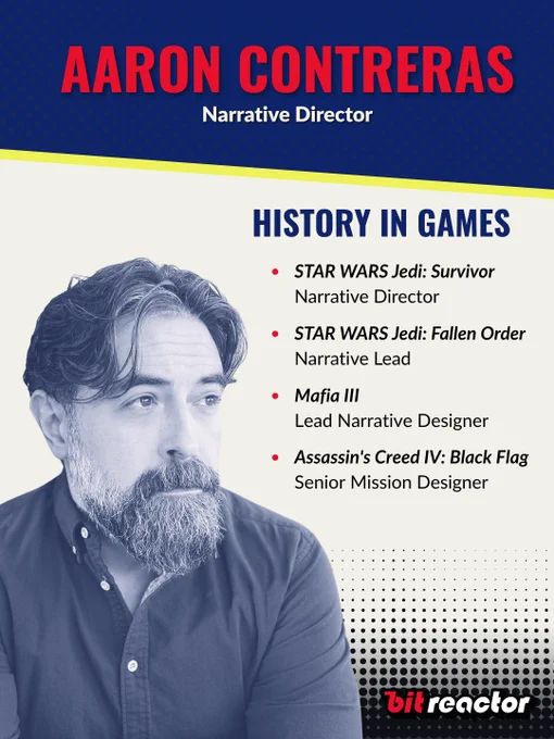 Aaron Contreras' History In Games, a snapshot of his work in the games industry. It shows him as Narrative Director on Star Wars Jedi: Survivor, Narrative Lead on Star Wars Jedi: Fallen Order, Lead Narrative Designer on Mafia III, and Senior Mission Designer on Assassin's Creed IV: Black Flag.
