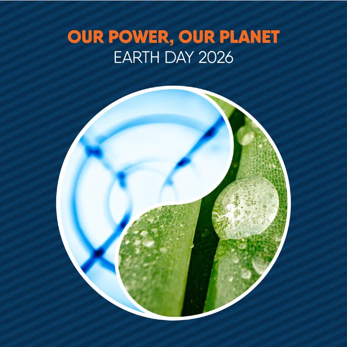 Earth Day 2026: "Our Power, Our Planet" — yin‑yang graphic combining a blue UV light and a green leaf with water droplets