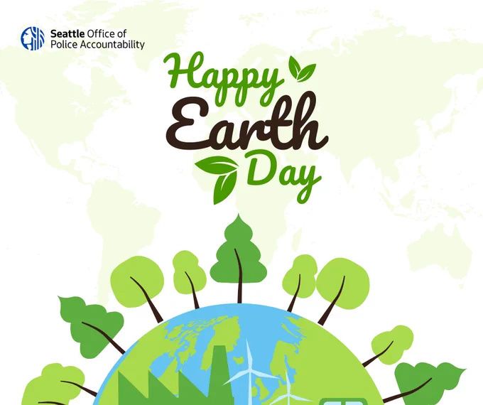 Image on a white background with graphic overlay of a map of the world in the background. The top right of the image has OPA’s logo. The center of the image says “Happy Earth Day,” with leaves accenting the words. The bottom of the image has a graphic picture of the globe with a variety of trees curving across on top.