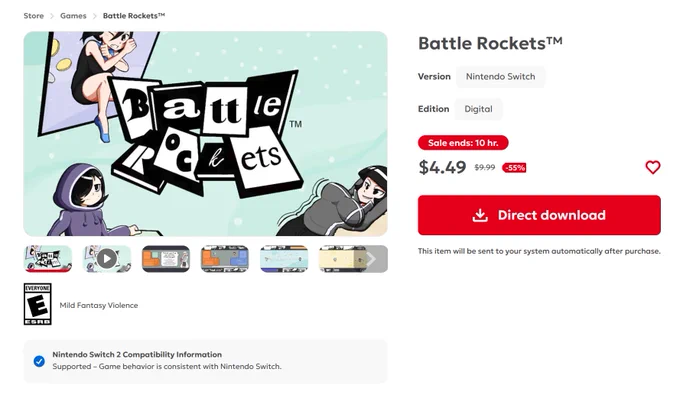 Screenshot of Nintendo.com's listing for the Nintendo Switch game, Battle Rockets, showing the game with a 55% discount at $4.49 USD; sale ends in 10 hours according to this screenshot
