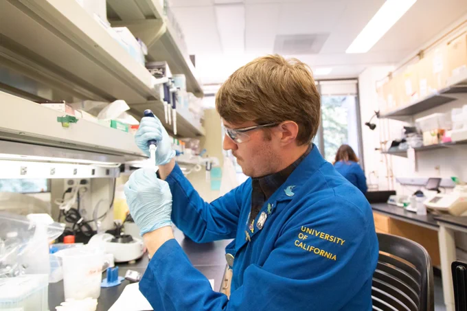 Researcher wearing a lab coat works with material
