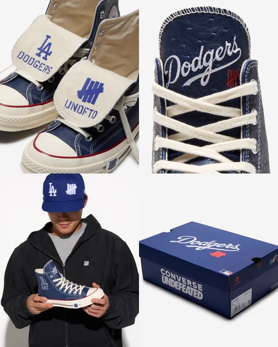 A 4-photo collage featuring Yoshinobu Yamamoto and the details of the new Dodgers UNDEFEATED Chuck 70. The shoe features a navy upper featuring a faux ostrich leather upper, complete with an embroidered LA logo on the lateral side, a rubber badge with UNDEFEATED branding, and inverted Dodgers × UNDEFEATED tongue artwork designed to read correctly when folded. Custom Converse × UNDEFEATED × Dodgers license plates at the heel and Dodgers embroidery on the tongue finish the look.