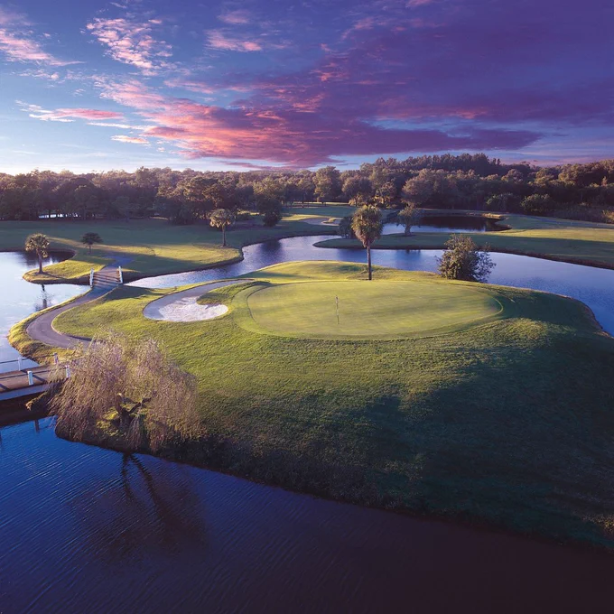 A photo of a green on a golf course with water surrounding it and a pink/purple sunset at Innisbrook Resort.