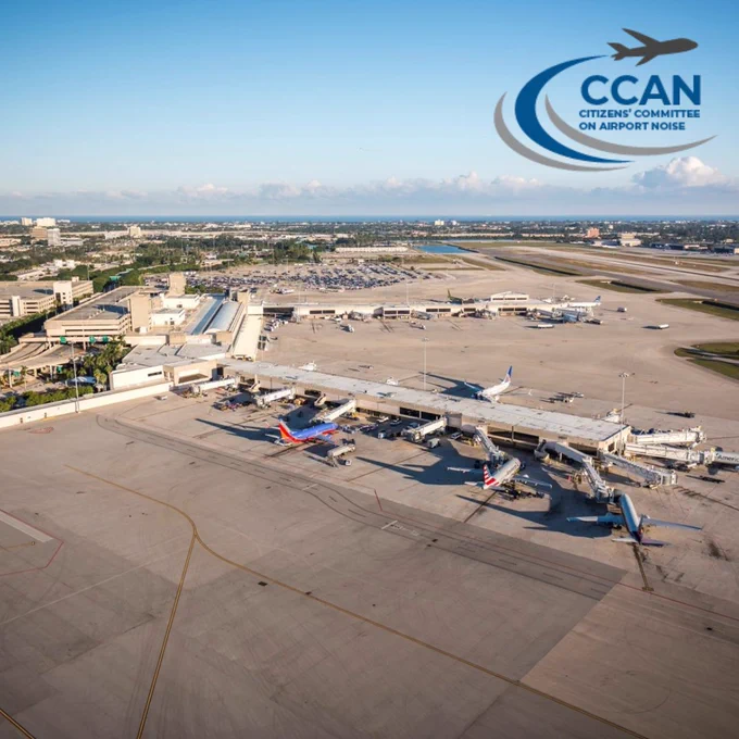 Aerial view of Palm Beach International Airport with planes at gates under a clear sky. The Citizens' Committee on Airport Noise (CCAN) logo is in the top right corner.