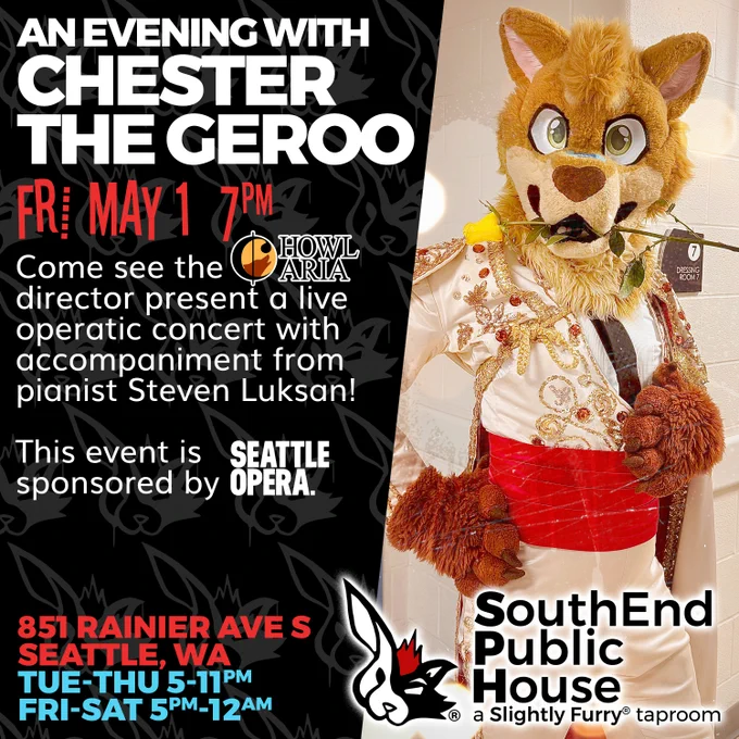 An Evening with Chester the Geroo, Friday May 1st starting at 7pm. at SouthEnd Public House - a Slightly Furry® taproom. We're located at 851 Rainier Ave S, Seattle WA, and are open 5-11pm Tuesday to Thursday and 5pm-12am Friday & Saturday.