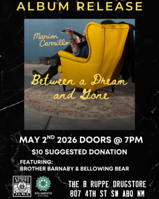 Person reclining in a bright yellow armchair playing a violin, promoting Marion Carrillo's album release Between a Dream and Gone.
