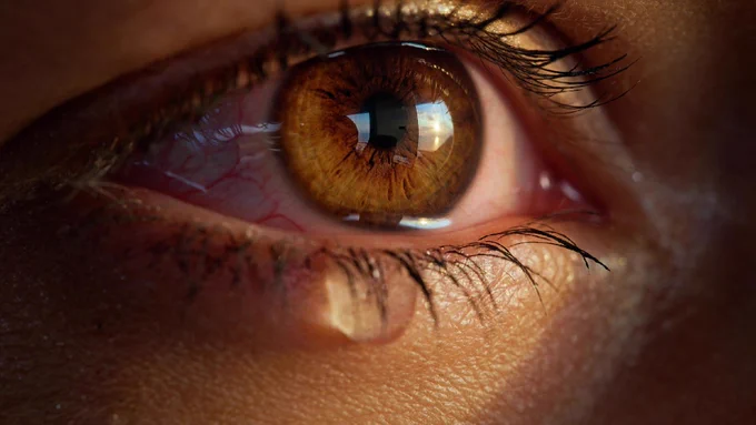 Close-up of a human eye shedding a single tear, representing the USC-led PACE  research project using tear-based biomarkers to monitor and treat disease.