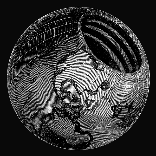  A black and white illustration of the Symmes Concentric Sphere, showing the Americas tilting toward the right and featuring a black hole through the middle of the planet. 