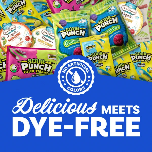A variety of Sour Punch candy packages are displayed, featuring products like Filled Straws, Gummy, and Hard Candy. The image text reads, "No Artificial Colors" and "Delicious Meets Dye-Free."