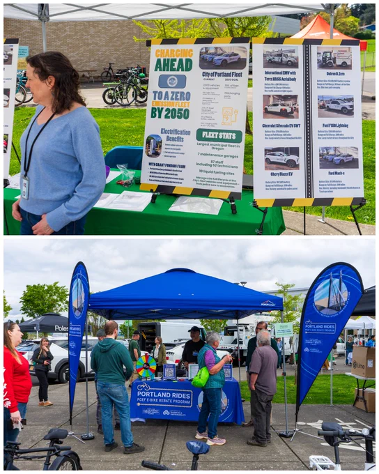 Collage of two images at the City’s Earth Day event, Earth in Motion. First photo: Booth with posters about electrifying the City’s Fleet. Second photo: PCEF E-Bike rebate.