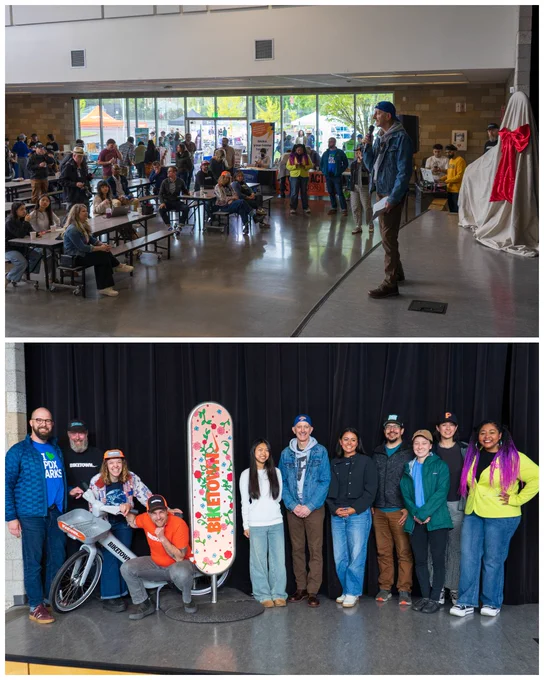 Collage of two images at the City’s Earth Day event, Earth in Motion. First photo: Mayor Wilson speaking at the Earth Day event. Second photo: an unveiling of a new BIKETOWN station with Mayor Wilson, City Council members, BIKETOWN folks, and Parkrose people in the photo.