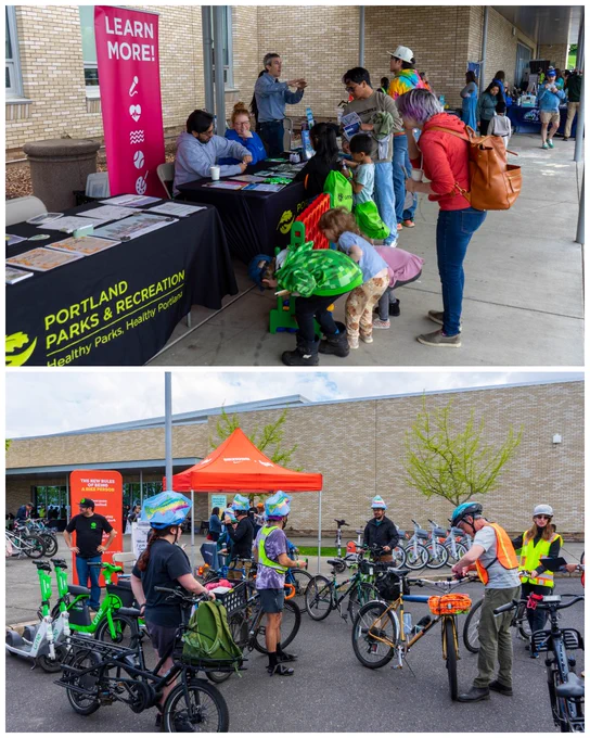 Collage of two images at the City’s Earth Day event, Earth in Motion. First photo: kids playing giant connect 4 at the Portland Parks booth. Second photo: people getting ready to participate in the city’s community bike ride with the BIKETOWN booth in the background.