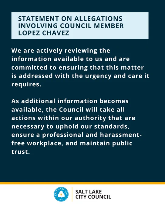 Image of a statement issued by the Salt Lake City Council regarding allegations involving Council Member Lopez Chavez. 