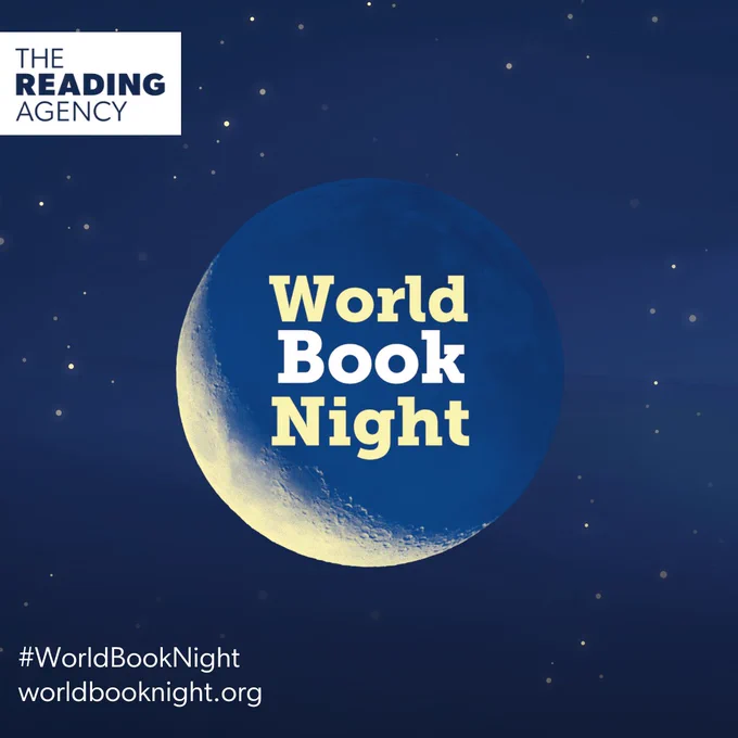 dark blue background, with stars and moon. Inside the moon text 'World Book Night'