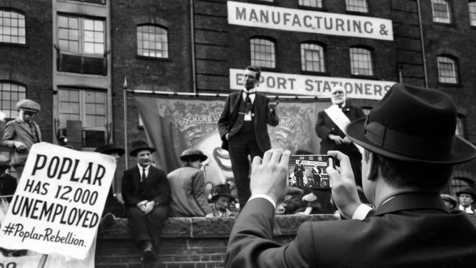 Black and white image of Poplar Rates rally that has been photoshopped to include a man taking a photo on his mobile phone