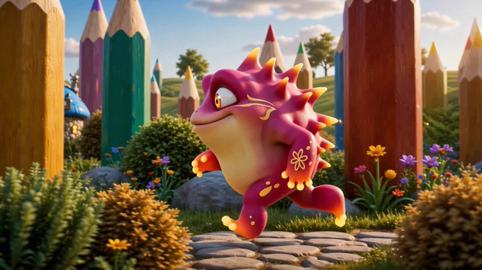 Tamitos frog , runing in a forest of pencils. Kids autistic brand 
