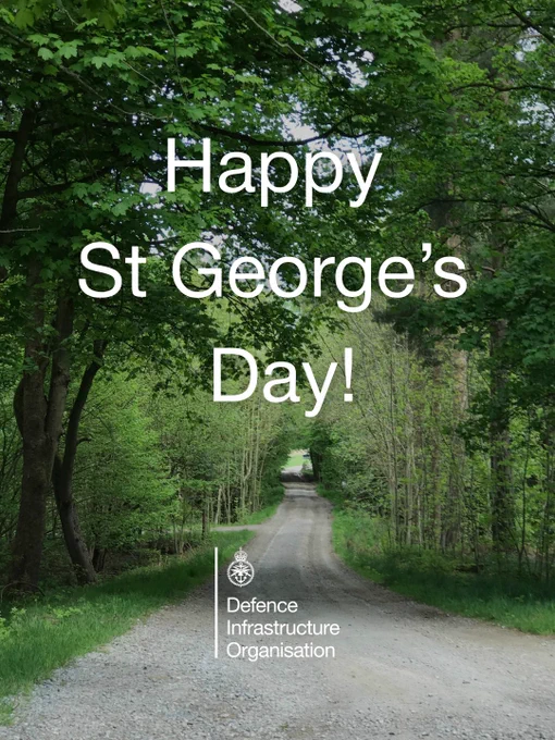 Graphic of a gravel road through a wood, with the DIO logo and text reading "Happy St George's Day!" overlaid.