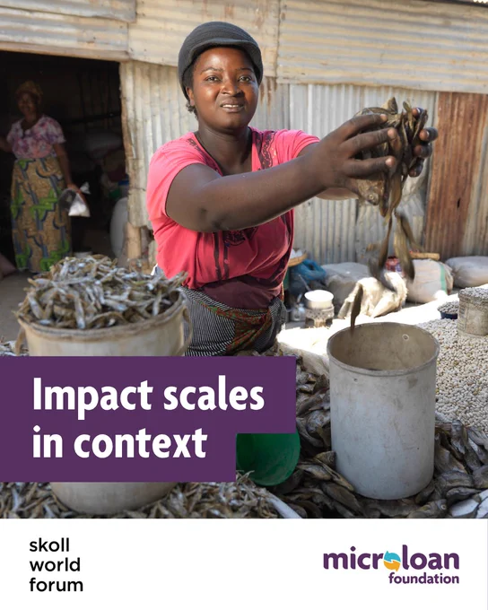 A photo of an African woman wearing a pink top and a hat holds a handful of small fish as she moves them from one large container to another. Text in a banner says ‘Impact scales in context’ which is a key point from discussions at the Skoll World Forum. The logo for the forum is in the bottom left corner of the graphic, in the bottom right is the MicroLoan Foundation logo.
