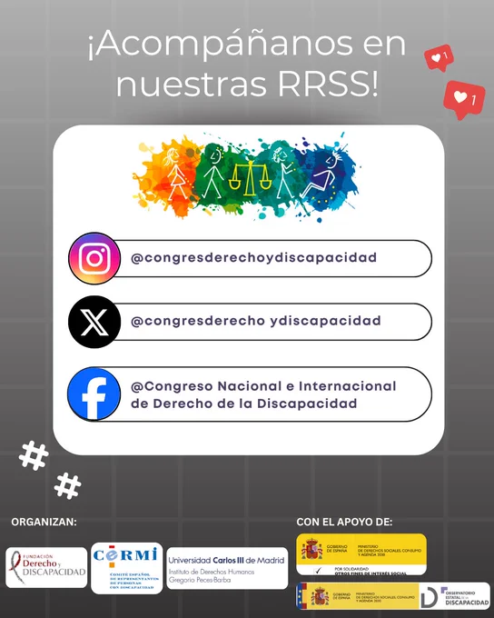 Imagen promocional que invita a seguir las redes del Congreso. Debajo aparecen tres líneas con los perfiles oficiales en redes sociales:
Instagram: @congresoderechoydiscapacidad;
X: @congresoderecho y discapacidad;
Facebook: Congreso Nacional e Internacional de Derecho de la Discapacidad
