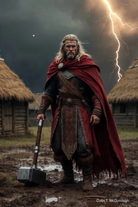 A cinematic, high-quality digital painting of the Norse god Thor standing prominently in the center of an early medieval Anglo-Saxon village. Thor is portrayed as a powerful warrior with long blonde hair and a beard, wearing a heavy, weathered red cloak over detailed leather and textile armor. He holds a massive, intricately forged iron hammer (Mjölnir) that rests on the muddy ground. The background features thatched-roof wooden huts under a dark, dramatic stormy sky illuminated by a bright, jagged bolt of lightning. In the distant sky, the planet Jupiter is visible as a glowing celestial body. The atmosphere is moody and epic, with earthy tones and realistic textures. In the bottom right corner, the text reads "Colin T. McDonough."