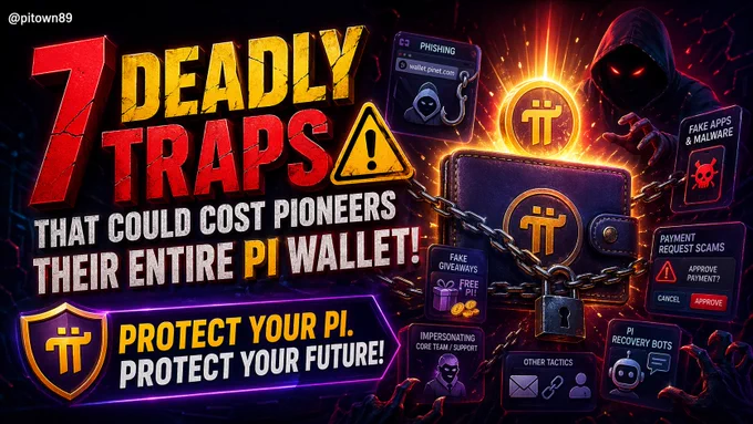 Infographic detailing 7 dangerous Pi Wallet scams and essential security tips to protect your seed phrase.