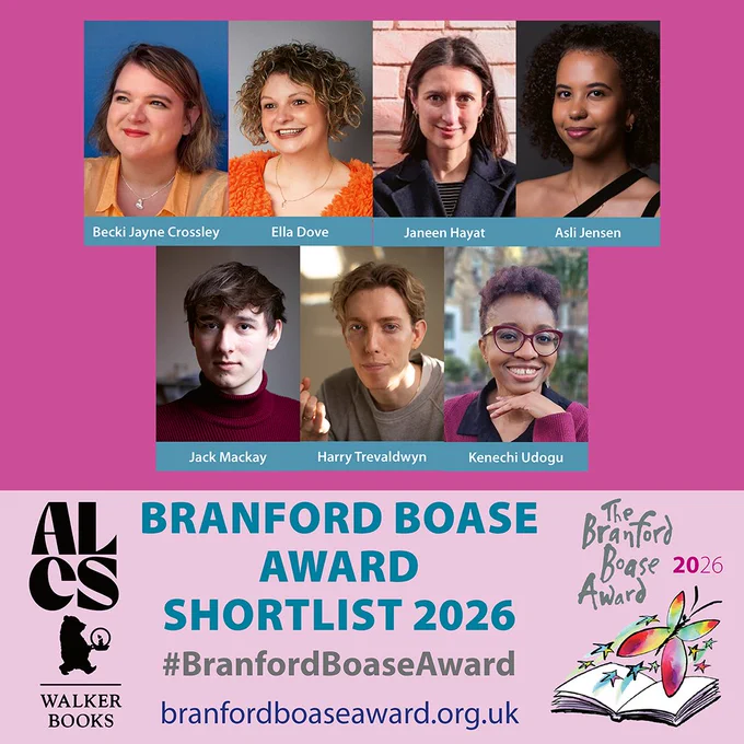 Graphic showing the seven authors on this year's Branford Boase Award shortlist, presented to the author and editor of the year's outstanding debut novel for children. They are Becki Jayne Crossley, Ella Dove, Janeen Hayat, Asli Jensen, Jack Mackay, Harry Trevaldwyn, Kenechi Udogu. The award is supported by Walker Books and ALCS.