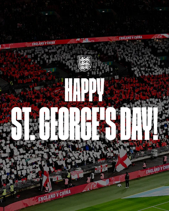 'Happy St. George's Day' text with an image of the crowd at Wembley Stadium displaying an England flag.